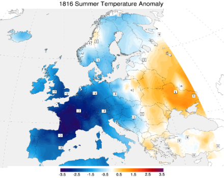 Écart de température (en °C) en été 1816 par rapport à la moyenne à long terme 1971-2000