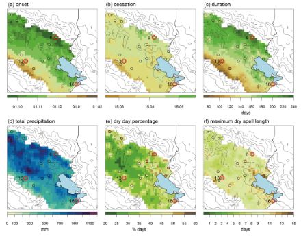 Représentation graphique de quelques valeurs caractéristiques de la saison des pluies dans le sud des Andes péruviennes.