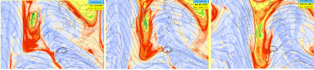 Vorticité potentielle à 300 hPa (environ 9'000 m) à 15 UTC dimanche, 00 UTC et 12 UTC lundi respectivement. Source : NinJo@MétéoSuisse