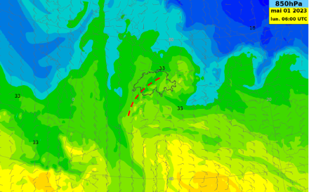 Températures potentielle à 850 hPa (environ 1500 m) lundi à 06 UTC. La couleur jaune à vert clair représente de l’air d’origine méditerranéenne ; la couleur bleue à vert foncé représente l’air d’origine Atlantique. En traitillé, la zone de convergence. Source : NinJo@MétéoSuisse
