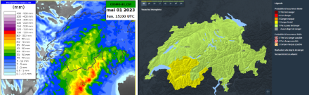 Cumuls de précipitations prévus par Cosmo-2E entre dimanche 15h et lundi 19h (à gauche) et carte de danger de MétéoSuisse.