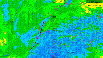 Convergence dans le bassin lémanique entre la bise du Plateau et l’afflux d’air Atlantique en nord-ouest sur la France voisine. Ici encore, une zone de convergence devrait favoriser le soulèvement initial jusqu’au niveau de convection libre. Source : NinJo@MétéoSuisse