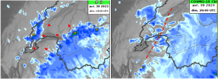 Prévision d’ensemble de COSMO-1E. A gauche, proposition de cumul sur 1h du membre 13 pour 15 UTC (plus de 20 mm sont localement prévus) ; à droite, proposition du run de contrôle pour 20 UTC. Les courants descendant des orages de l’après-midi génèrent une nouvelle série d’orages sur le Plateau en soirée. 