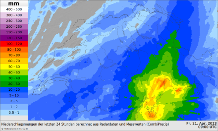 Fig. 5: accumulation de précipitations estimées par radar sur 24 heures de jeudi 20 à vendredi 21 avril 2023, 11h.