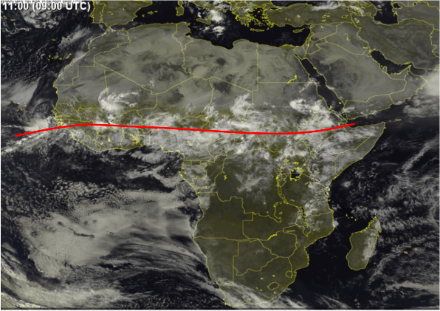Sur cette image datant du 12 août 2022 à 09 UTC, on voit que la zone de convergence – non perturbée – se situe entre le Sénégal et la corne de l’Afrique, soit à environ 10° de latitude nord. Source : www.sat24.com/history 