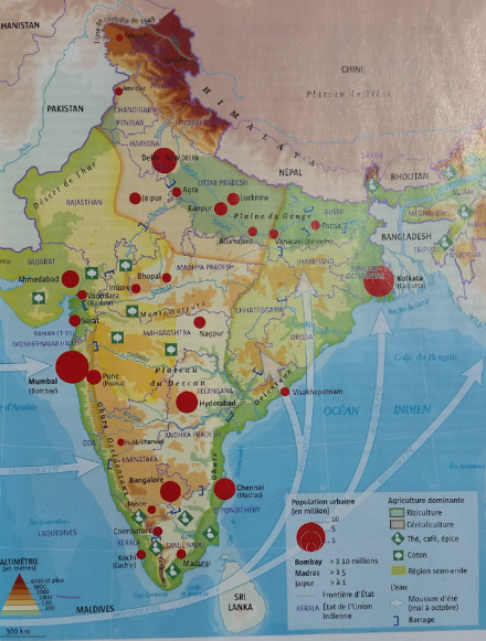 Sur cette carte ayant pour base le relief, on voit que les régions côtières très arrosées (en particulier la côte orientale) pratiquent la riziculture, très gourmande en eau. Les régions moins généreusement pourvues comme les Etats du Nord et la plaine gangétique cultivent essentiellement le blé. Les régions semi-arides du centre et du nord-est ont depuis des siècles été irriguées par les grands fleuves. Source : revue « L’Histoire » de juillet – août 2017.