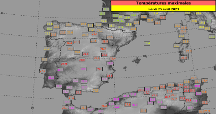 Températures maximales mesurées le mardi 25 avril en Espagne