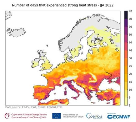 Fig. 1: nombre de jours de "stress thermique sévère" en juin, juillet et août 2022.