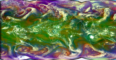 Figure 1 : image satellite le 13 avril 2023, composite des satellites géostationnaires Meteosat 0 Degree, Meteosat IODC, GOES-16, GOES-17 et Himawari-8. Uniquement les canaux dans l’infrarouge sont utilisés : ce produit est donc disponible de nuit comme de jour. Plus d’informations sur la référence du produit « Airmass RGB » d’Eumetsat.