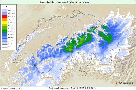 Quantités de neige tombées entre le samedi 15.4 à 9h et le dimanche 16.4 à 9h.