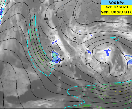 Une dépression d'altitude s'approche de la Suisse dans le courant de nord-ouest. Image satellite infrarouge, et vent et géopotentiel à 300 hPa. du modèle ECMWF