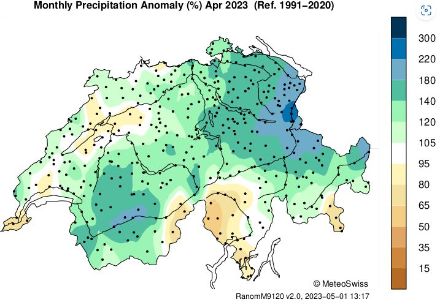 Pourcentage d'écart à la norme (1991-2020) des précipitations en avril 2023. En vert/bleu : écart excédentaire, en beige/brun : écart déficitaire.