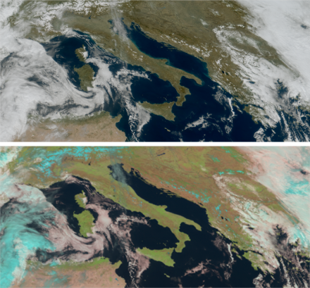 Comparaison d'images prises par le nouveau satellite MTG (en haut) et par le satellite MSG (en bas). La nouvelle génération de satellites permet de mieux voir la structure des nuages. Image prise le 18 mars 2023 à 11:50 UTC. (Images : EUMETSAT / ESA)
