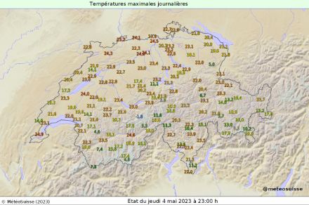 Carte des températures maximales (en °C) mesurées le jeudi 4 mai 2023.