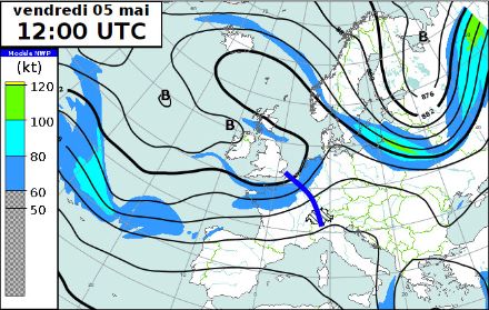 Carte du géopotentiel à 300 hPa et du vent à 300 hPa pour le vendredi 23 mai 2023 à 12 h UTC.