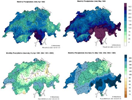 Carte des cumuls de précipitations en avril et mai et des différences par rapport à la moyenne 1961-1990.