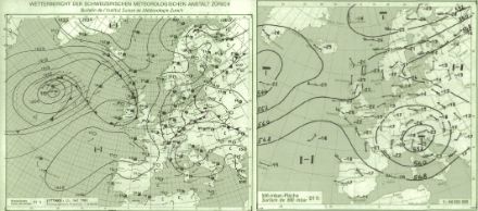 Carte de la pression réduite au niveau de la mer et de la hauteur du géopotentiel à 500 hPa le 25 mai 1983.