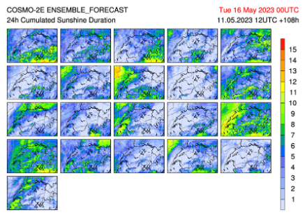 Prévision probabiliste de l'ensoleillement (en heures) pour la journée du lundi 15 mai 2023 du modèle COSMO-2E. Les 21 solutions, bien que globalement pessimistes, proposent aussi quelques versions assez optimistes pour les régions de plaine. 