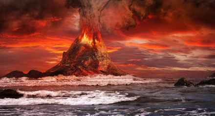 Paysage imaginaire de l’Archéen, il y a environ 3.5 milliards d’années. La Terre, encore en partie en fusion dans les premiers temps, est en pleine phase de dégazage par les volcans. Ces derniers rejettent essentiellement de la vapeur d’eau et du gaz carbonique. La condensation de cette vapeur d’eau est l’une des sources de l’eau océanique, l’autre source probable étant les cœurs de comètes. Source : www.astrosurf.com 