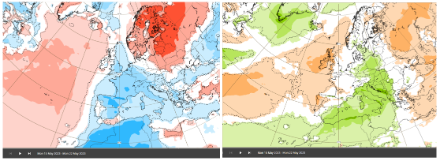 Carte de gauche : anomalies de températures pour la semaine du 15 au 22 mai (en rouge, plus chaud que la climatologie du modèle, en bleu plus froid). Carte de droite : anomalie de précipitations pour la même période (en orange, plus sec ; en vert plus humide). Source : ECMWF