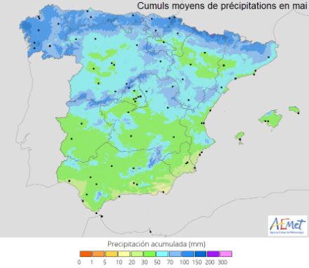 Carte des cumuls moyens de précipitations en mai selon la norme 1981-2010.