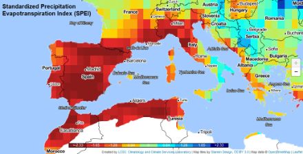 Carte de l'indice standardisé de précipitations et d’évapotranspiration (SPEI) sur une période de 3 mois calculé en avril 2023. 