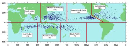 Figure 3. Répartition des cyclones tropicaux par bassin sur la période 1985-2014. Source : « The Global Climatology of Tropical Cyclones », Hamish Ramsay – https://doi.org/10.1093/acrefore/9780199389407.013.79 