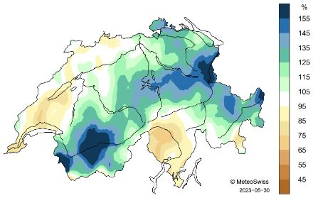 Carte de la Suisse des précipitations au printemps 2023.