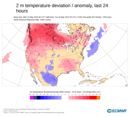Figure 1 : anomalie de la température lundi 15 mai 2023. Les couleurs représentent l’écart à la norme saisonnière (en rouge plus chaud que la norme et en bleu plus froid que la norme).