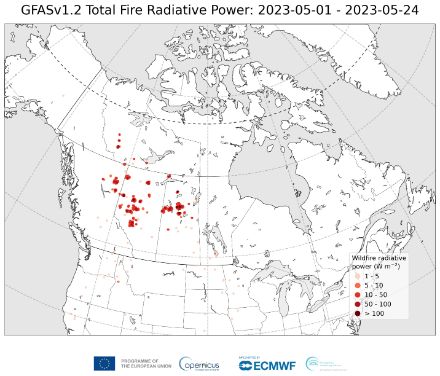Figure 1: puissance radiative moyenne émise par les feux de forêts entre le 1er et le 24 mai 2023. Source : Copernicus