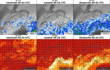 Cumuls de précipitations journaliers (en mm, en haut) et durée d'ensoleillement quotidienne (en heures, en bas) prévus vendredi, samedi et dimanche. La valeur située en bas à droite de chaque carte de précipitations indique l'altitude de la limite pluie-neige.