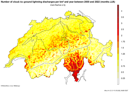 Climatologie de la foudre, nombre de décharges par km2 moyens sur l'été.