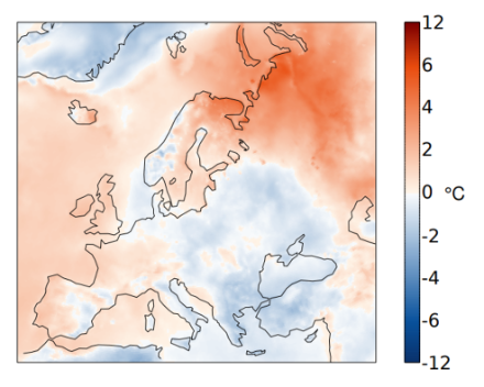 Figure 3. Répartition spatiale de la température en mai 2023 en Europe. L’écart (en °C) à la norme 1991-2020 est représenté.