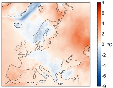 Figure 5 : Température moyenne du printemps 2023 en Europe, représentée sous forme d'anomalie par rapport à la norme 1991-2020.