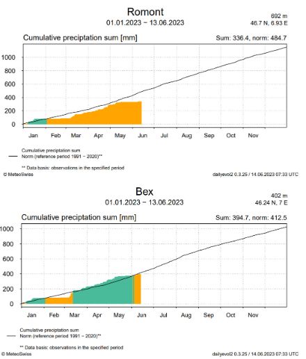 Graphiques des cumuls de précipitations du 1er janvier au 13 juin 2023.