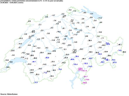 Carte des cumuls de précipitations du 24 mai au 13 juin 2023.