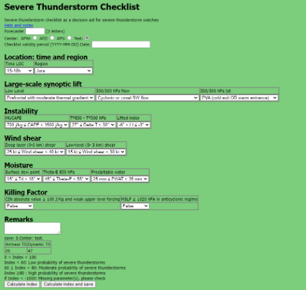 Check-liste orages utilisée à MétéoSuisse. Elle est divisée en quatre sections : dynamique de l’atmosphère, instabilité, cisaillement du vent et humidité.  Source : MétéoSuisse