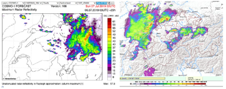 A gauche, prévision de précipitations de COSMO-1 pour le 7 juillet 2019 à 02 UTC (sortie de modèle du 6 juillet à 3 UTC) ; à droite, image radar pour le 7 juillet à 02 UTC. On voit sur le quart nord-ouest de la Suisse une ligne orageuse qui n’est pas présente dans la prévision de COSMO-1 ; il s’agit sans  doute de la ligne prévue bien plus tôt par le modèle et qui achève de s’évacuer sur l’est de la Suisse à l’heure considérée. Source : MétéoSuisse