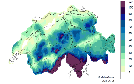 Carte de la Suisse avec les précipitations (en mm) du 16 mai au 4 juin 2023. 