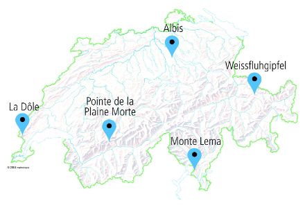 Aperçu des cinq radars météorologiques de MétéoSuisse