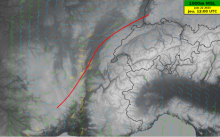 Zone de convergence à l’ouest de la Suisse prévue par COSMO 2 pour jeudi à 12 UTC. Source : NinJo@Météosuisse