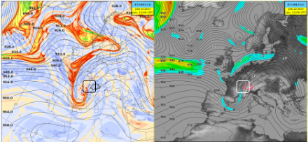 Carte représentant le tourbillon potentiel (à gauche) et la configuration du jet-stream à 300 hPa, soit environ 10’000 m, prévue par IFS-hres pour jeudi à 12 UTC. Source : NinJo@MétéoSuisse