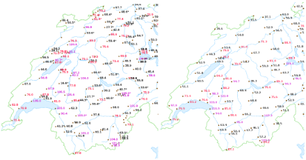 Rafales maximales (en km /h) mesurées le 22 juin 2023 (à gauche) comparées à celles mesurées le 15 juin 2019 lors du Bol d’Or. Source : Climap@MétéoSuisse