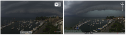 Photos de l’arcus arrivant sur le port de Morges le 22 juin 2023 (à gauche) et celle du 15 juin 2019. Ironie du sort, l’heure d’arrivée est exactement la même. Source : Roundshot.ch 
