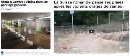 Articles de presse relatant les dégâts du front orageux du 15 juin 2019. A gauche Radio Lac ; à droite RTS Info.