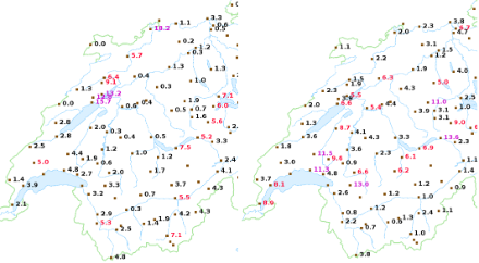 Cumuls maximaux en 10 minutes relevés le 22 juin 2023 (à gauche) et le 15 juin 2019 (à droite). Source : Climap@MétéoSuisse