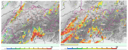 Probabilité de grêle lors de la journée orageuse du 22 juin 2023 (à gauche) et le 15 juin 2019 (à droite). Source : MétéoSuisse