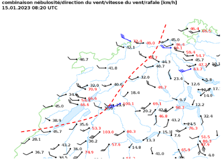 A 08h20 UTC (soit 9h20 locale), le gradient de Joran est à son maximum, soit environ 4 hPa. La carte ci-dessus montre qu'effectivement à ce moment-là un vent de nord-ouest assez vigoureux soufflait sur le littoral neuchâtelois et sur le nord du pays. A l’avant de la ligne traitillée (front froid), souffle toujours le vent de sud-ouest dans l’air d’origine méditerranéenne, également vigoureux par ailleurs. Source : Climap@MétéoSuisse