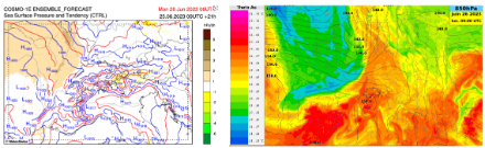 Pression et variation de la pression au sol en 3h le 25 juin entre 03 et 06 UTC (à gauche) ; la hausse de la pression sur la France voisine est figurée en brun clair et est plutôt modeste. A droite, température potentielle ; le front froid sur la France est bien visible. Source : Modelbrowser@MétéoSuisse