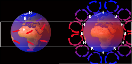 Le carré blanc correspond à la zone d’influence de la cellule de Hadley visible sur le schéma de droite ; le B figure la région dépressionnaire d’ascendance atmosphérique de la zone de convergence intertropicale, le H figure la zone de subsidence anticyclonique quasi-permanente ; l’anticyclone le plus proche de nous est bien sûr l’anticyclone des Açores. Sur le schéma de gauche figurent en flèches rouges les alizés reliant au niveau du sol les deux zones susmentionnées. Source : Aude Untersee, Météosuisse.
